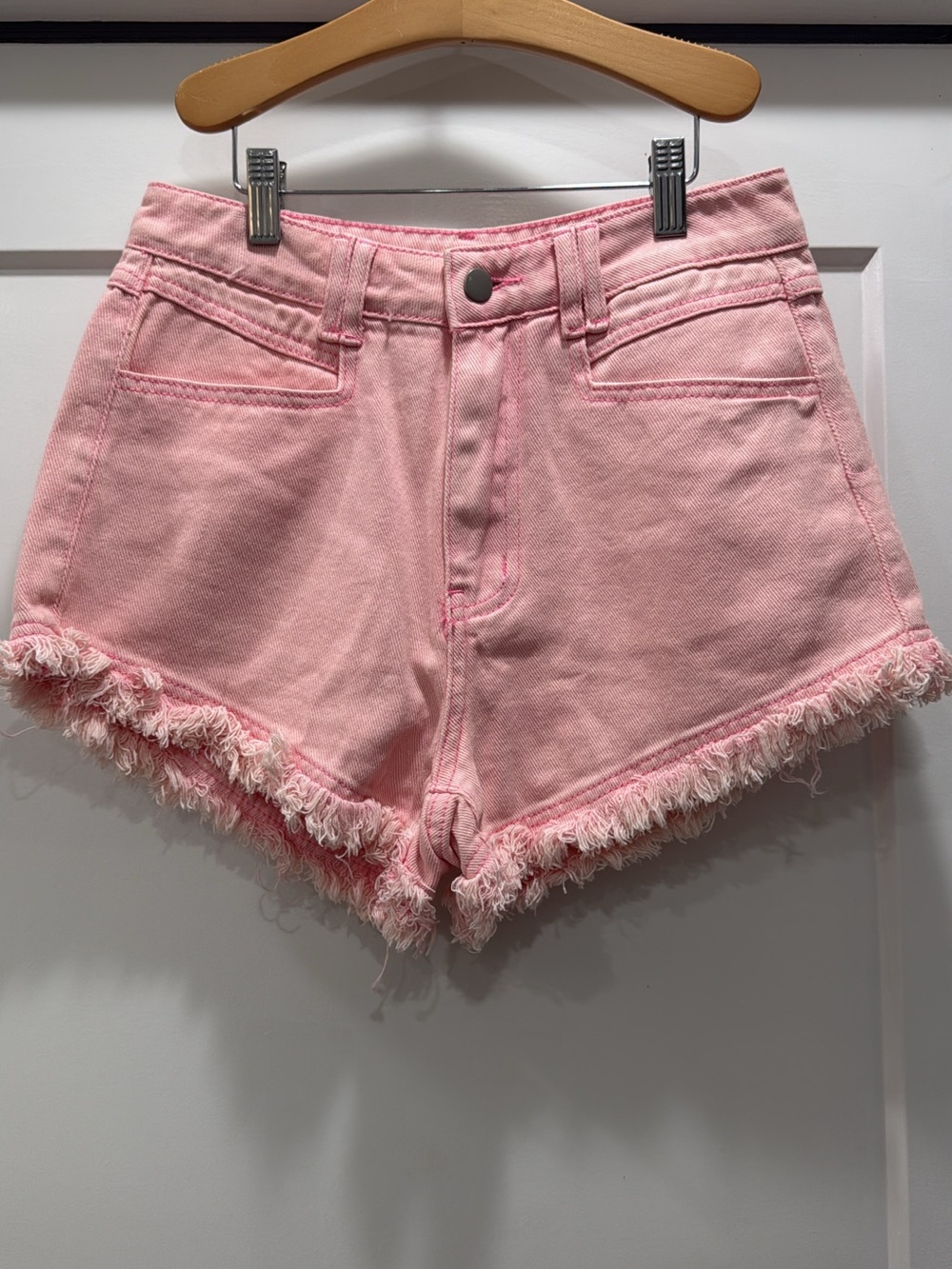 SHEIN Pink Frayed Hem High-Rise Denim Shorts